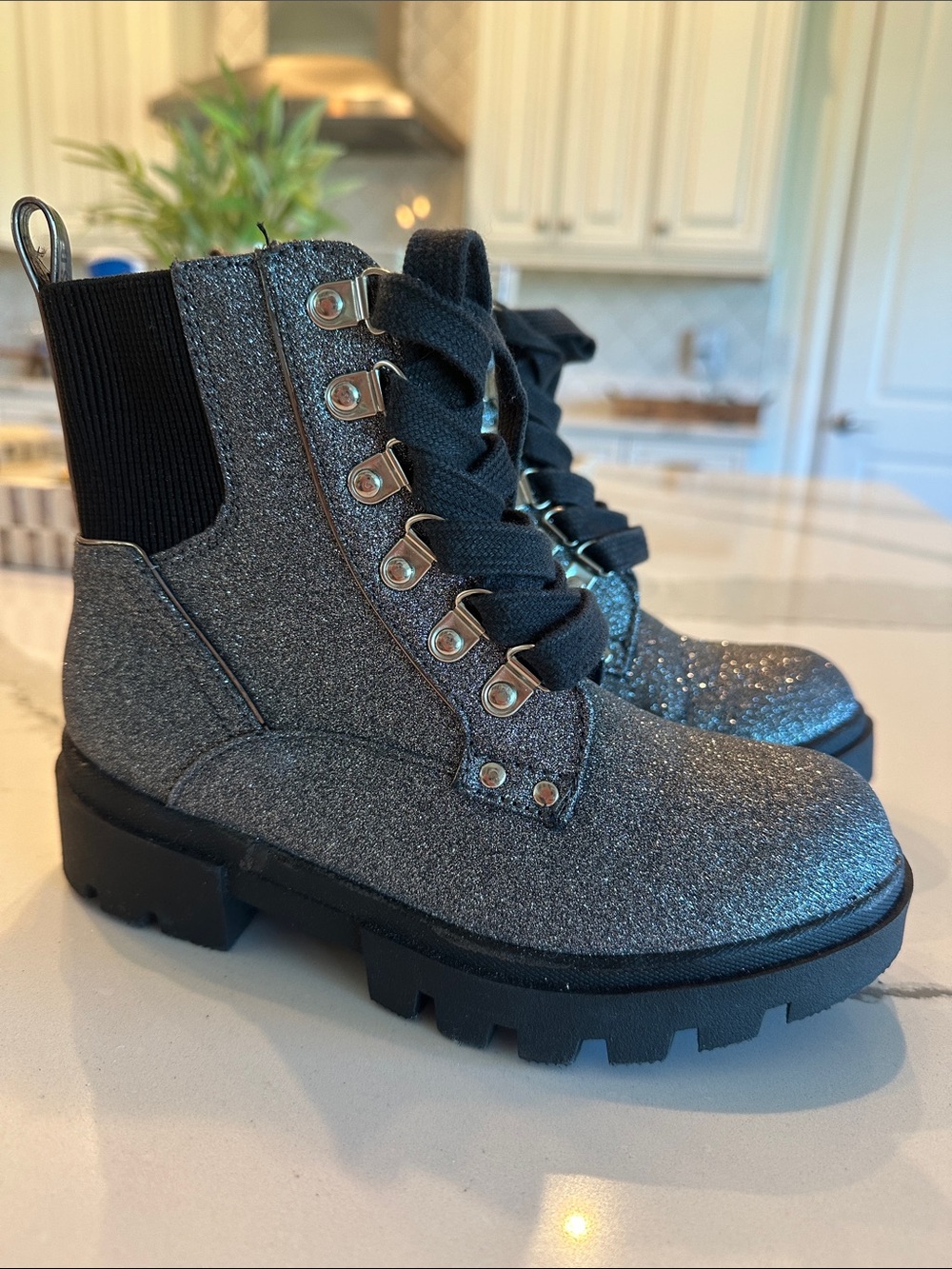 Justice Glitter Lace-Up Combat Boots - Silver
